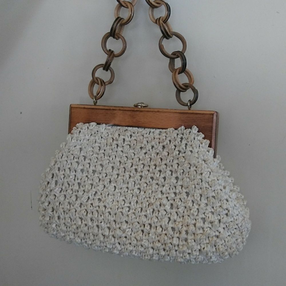 Vintage Crochet Purse with Wood Frame and Handle